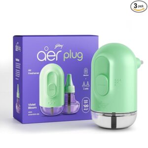 Godrej aer Plug Electric Air Freshener (Machine + 2 Refills (20ml each) | Violet Bloom | Lasts up to 120 days